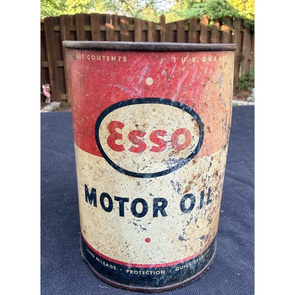 Vintage Esso Motor Oil 1 Qt Metal Can Gas Station Advertising Sign Patina USA